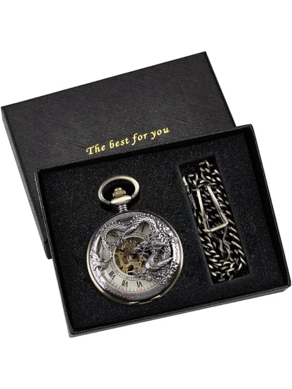 Men's Black Bronze Dragon Skeleton Roman Numerals Hollow Mechanical Pocket Watch